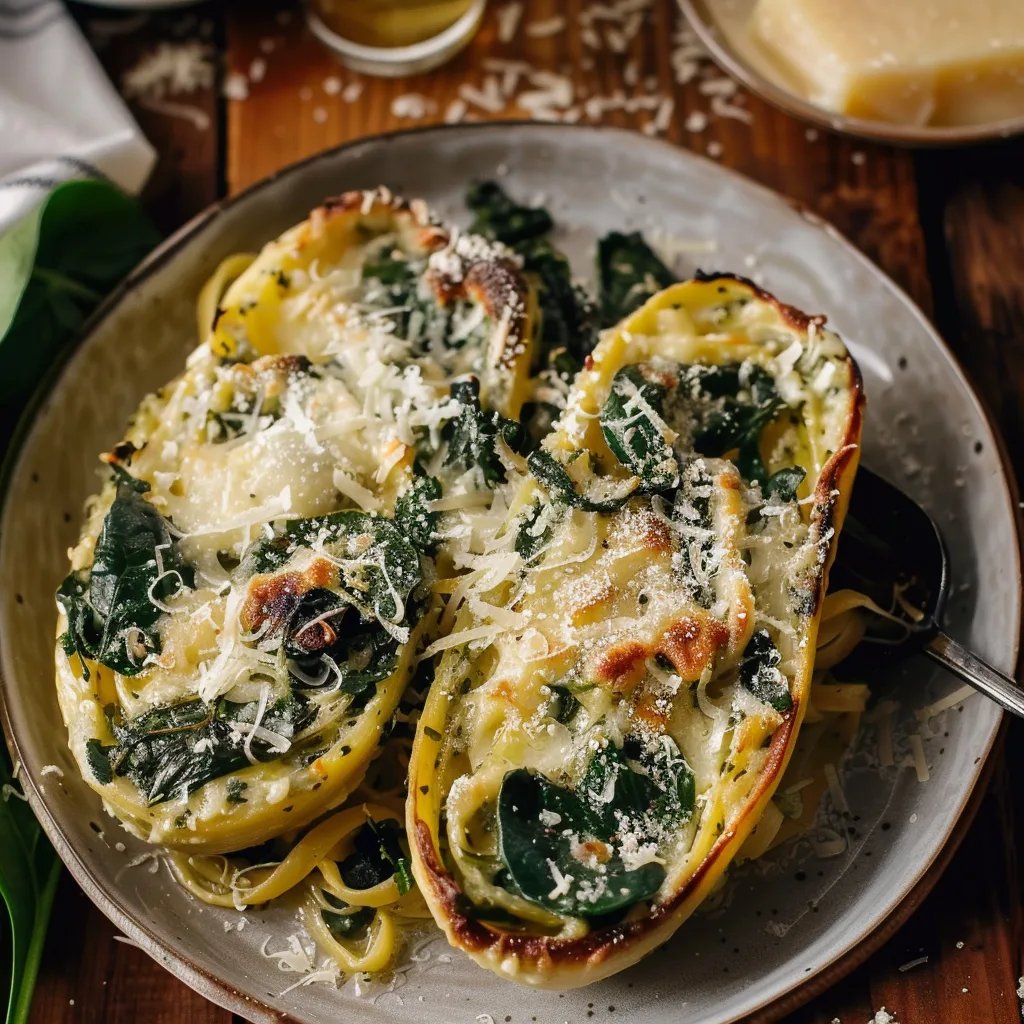 Spaghettikürbis mit Spinat und Parmesan