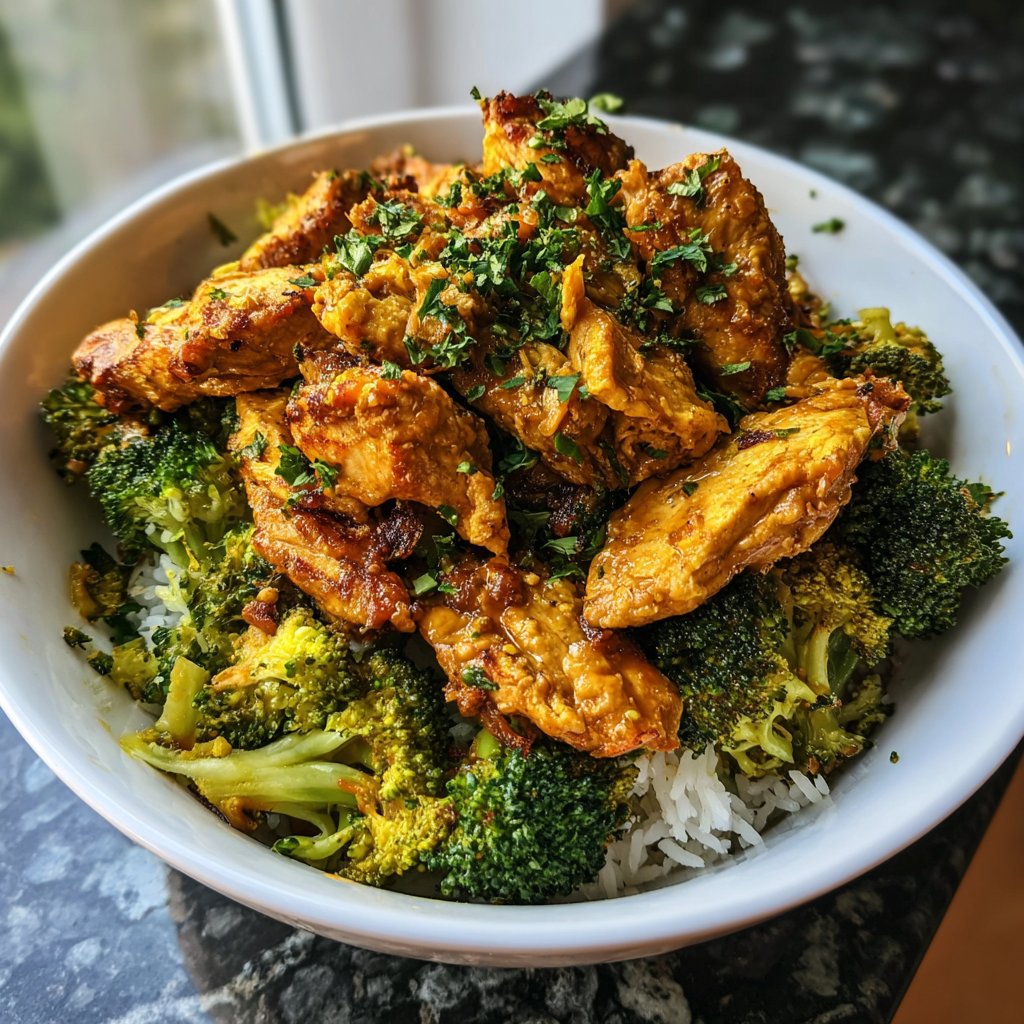 Käsiger Hähnchen Pfanne Brokkoli Reis