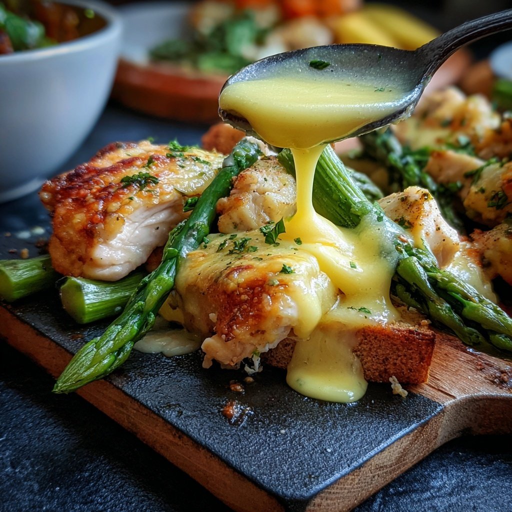 Raclette mit Hähnchenwürfeln, Spargel, Erbsen und Sauce Hollandaise​