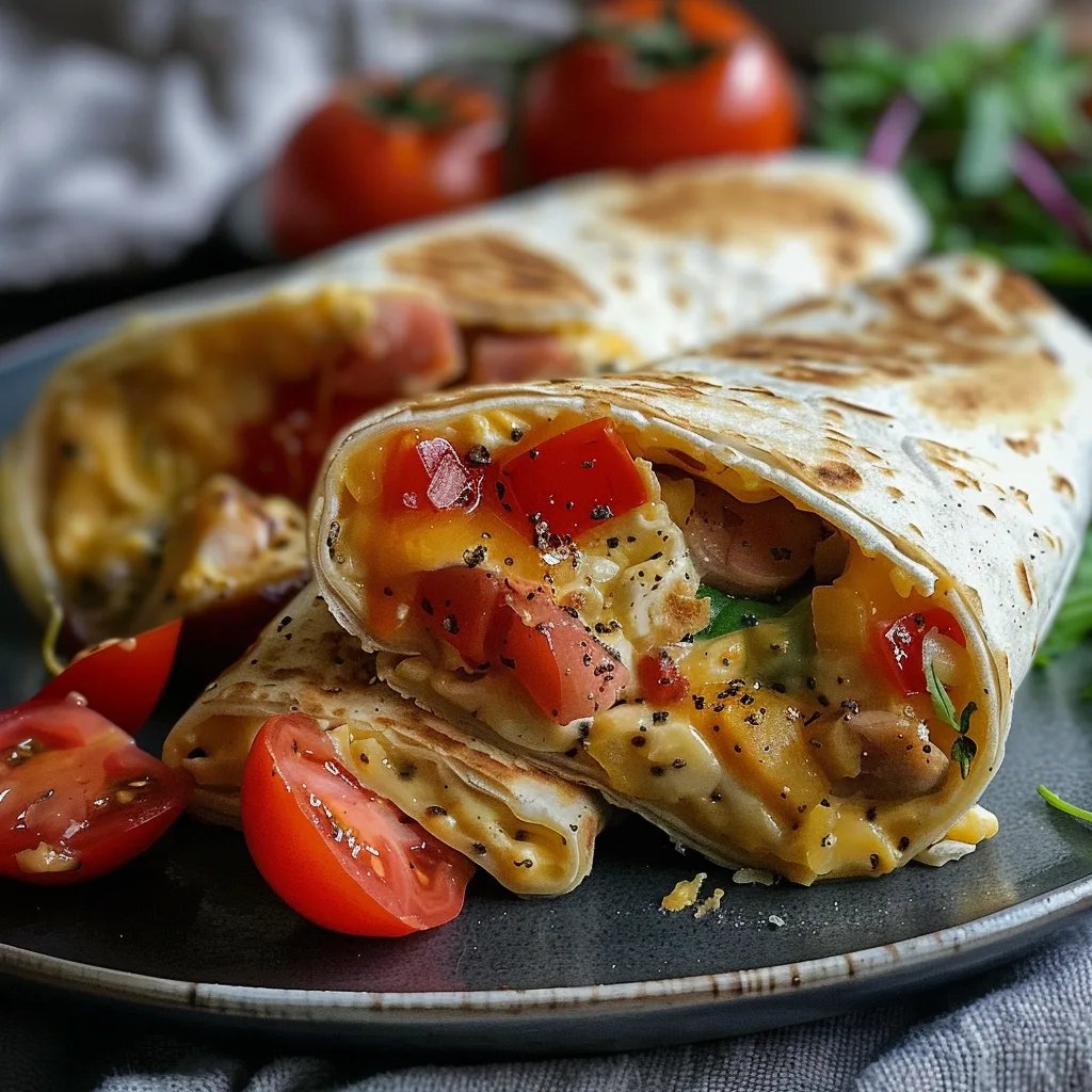 Einfacher Frühstückswrap mit Ei, Käse und Tomaten