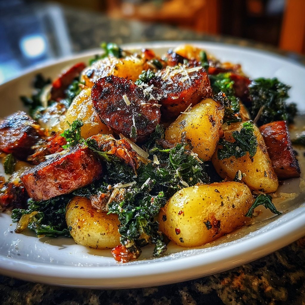 Gebackene Gnocchi mit Grünkohl Wurst