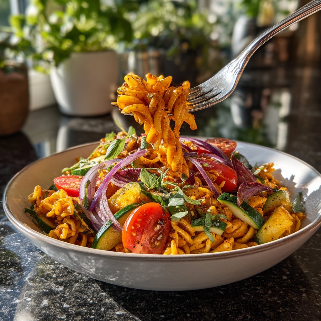 Harissa Pasta Salat Mediterran frisch