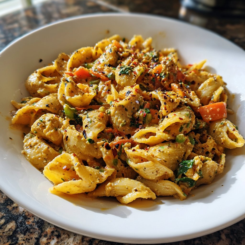 Geroestete Roter Pfeffer und Putenpasta