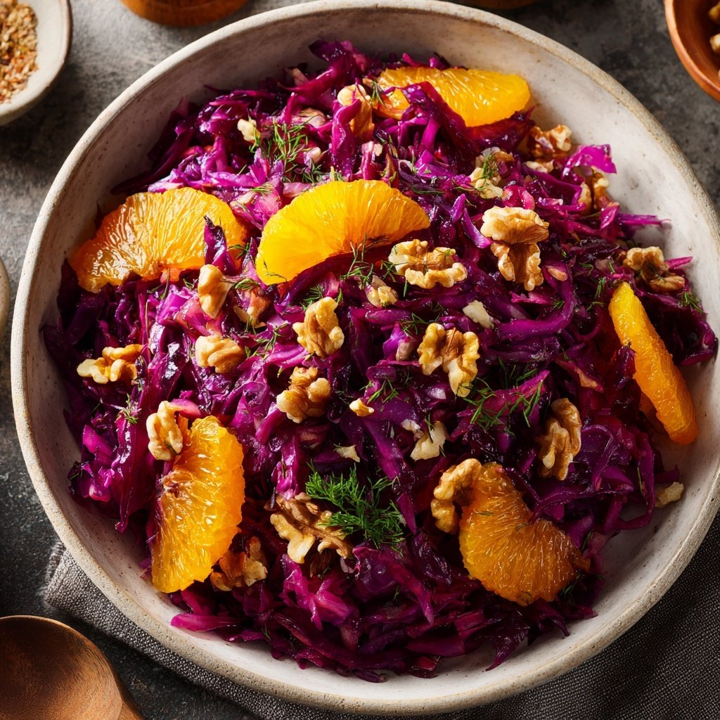 Rotkohl-Orangen-Salat mit Walnüssen als weihnachtliche Beilage
